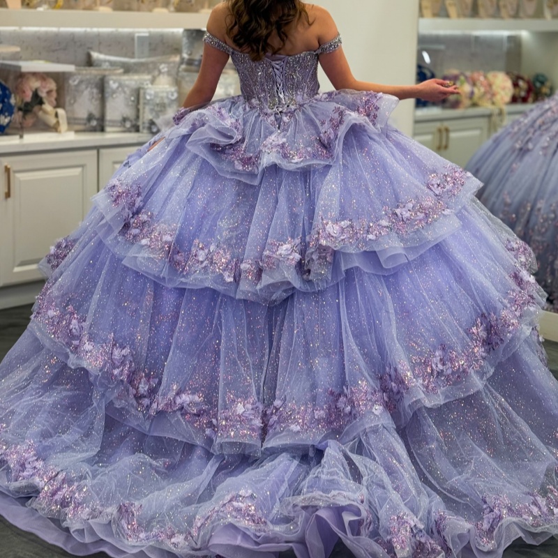 Lavender Shiny Quinceanera Dresses Ball Gown Off The Shoulder Sequin Applique Flower Beading Tull Party Birthday Sweet 16 Dress Vestidos15 Anos