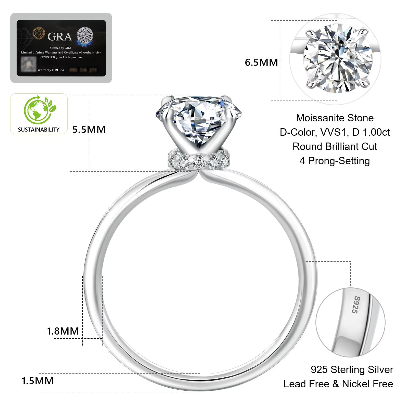 1.0CT Moissanite Rings for Women Wedding Jewelry S925 Sterling Silver 4 Prong Pass Diamond Tester Men Moissanite Engagement Ring