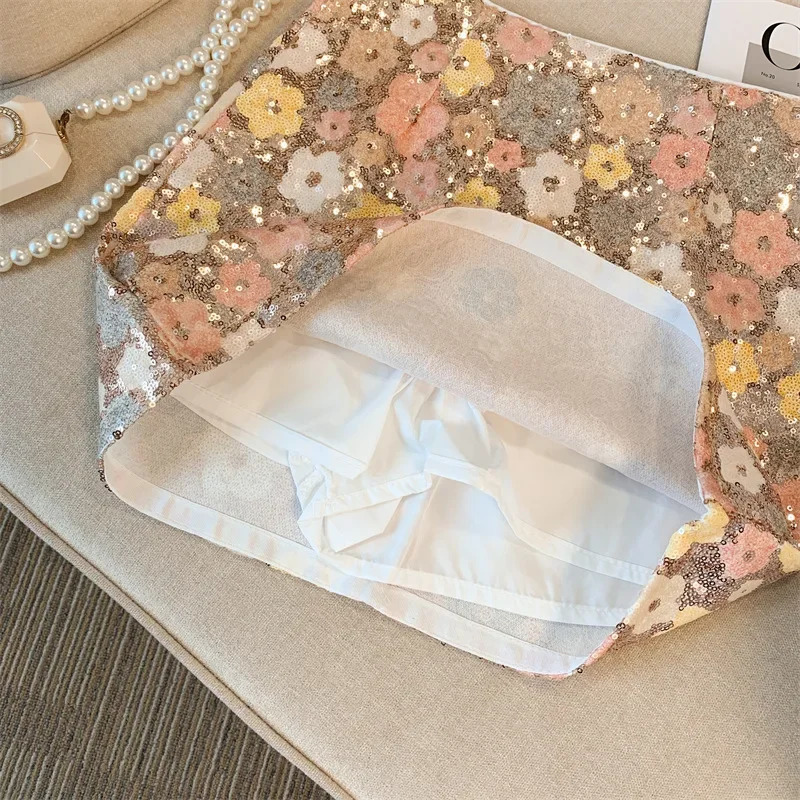 Skirt Westernstyle highend waist slim antiexposure summer and autumn heavy industry silver sequined flower temperament skirt 250311