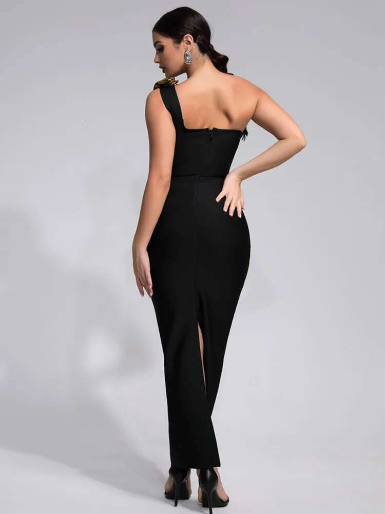 New Women Celebrity Sexy One Shoulder Wer Black Maxi Long Bandage Dress 2024 Knitted Elegant Evening Club Party Outfit