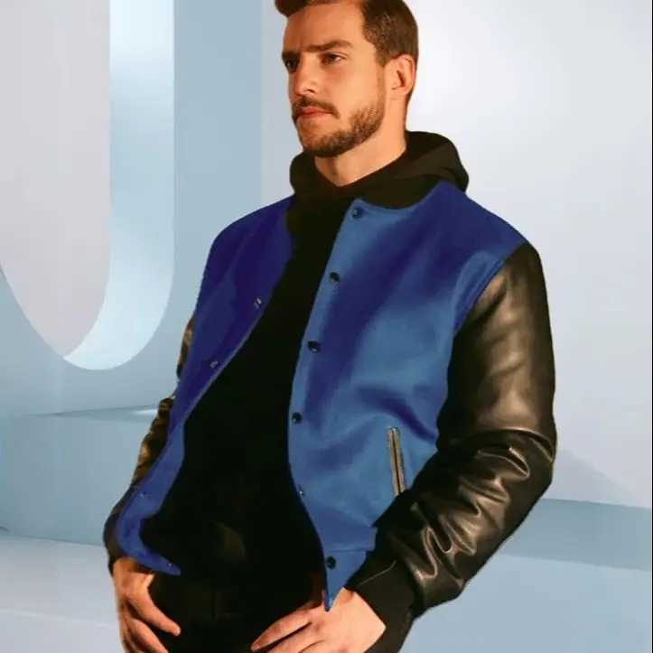 Hot selling new mens casual single-breasted jacket spring and autumn new mens PU leather sleeve spliced jacketT250311
