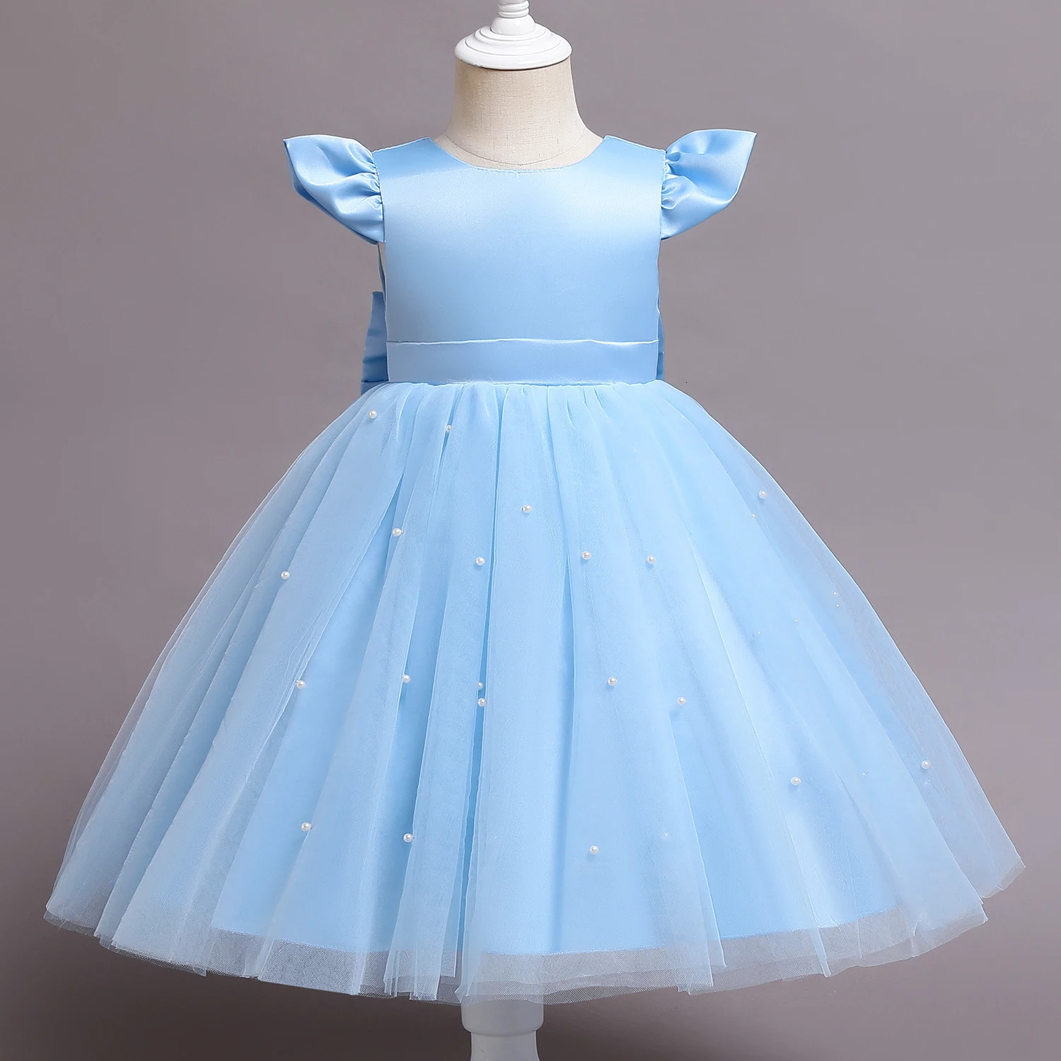 Toddler Baby Girl Birthday Party Dresses Backless Bow Beading Blue Princess Dress born Infant Baptism Ceremony Costume 1-5Yrs 250311