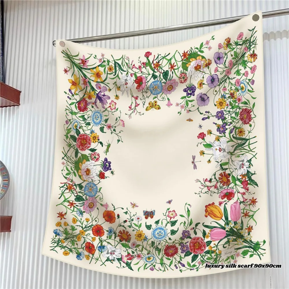 Year Gift French Plant Flower Tulip High Quality Twill Silk Women Shawl Sun Protection Large Square Scarf Decorative Scarf 250310