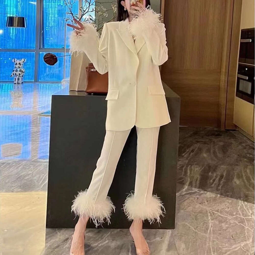 2025 Spring And Autumn New Internet Celebrity Ostrich Hair Suit Two Piece Temperament Dress Women's Pants Set