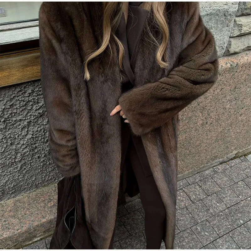 2024 Autumn And Winter Women's Personalized Street Luxury Dark Brown Imitation Fox Fur Coat For Women