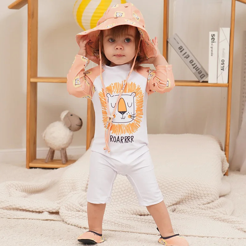 Baby Girls Swimsuit Long Sleeves One Piece Swimwear for Kids Toddler Cartoon UPF50 Rash Guards Infant Bathing Suit Korea Sets 250311