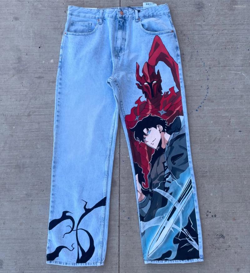 Men's Jeans Harajuku Anime Print Trouser Y2k For Men Baggy Jean Solo Leveling Streetwear Wide Leg Women High Waist Pants