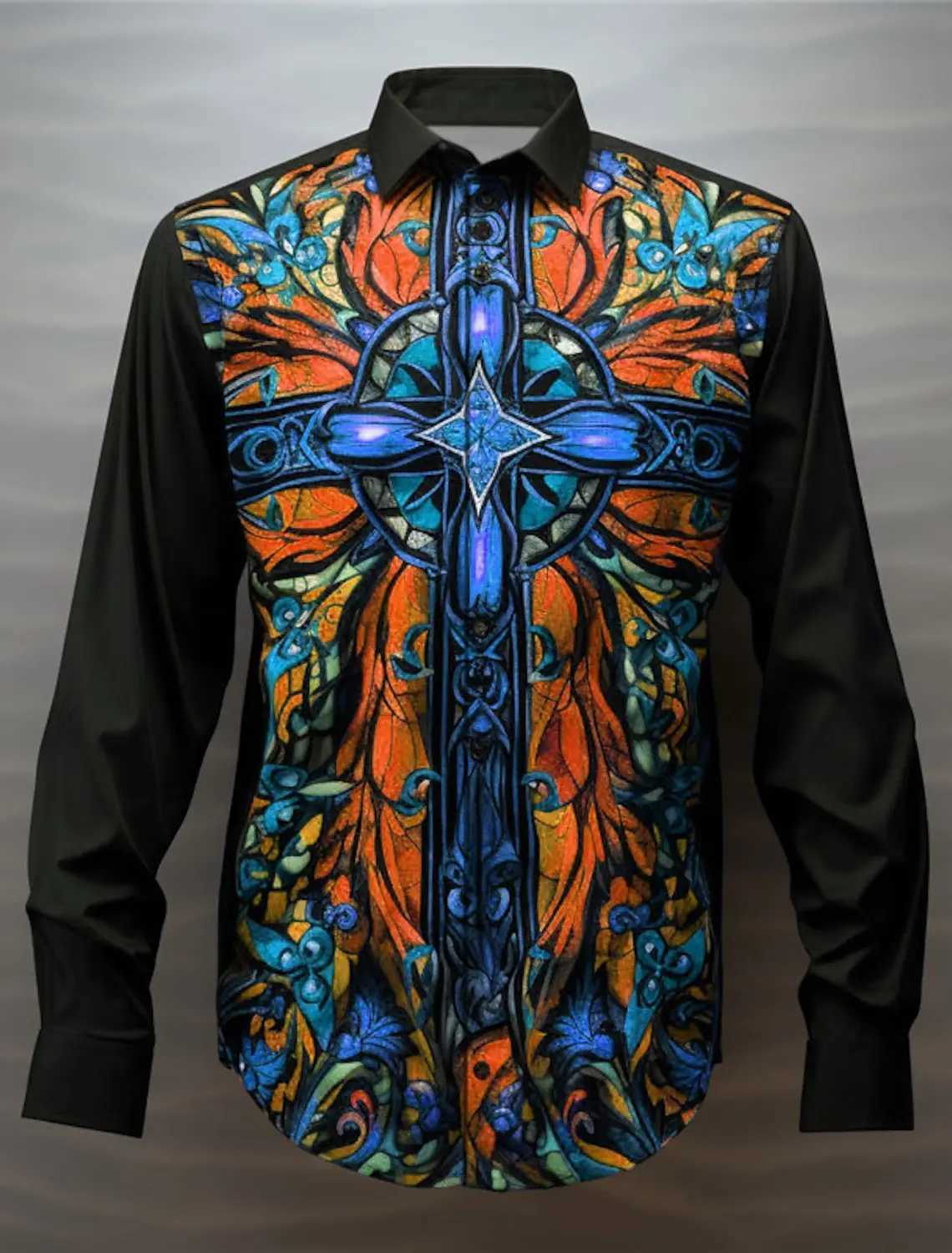 2024 Colorful Cross Art Abstract Mens Shirt worn daily with autumn revolving door long sleeved 4-way stretch fabric shirt W250312