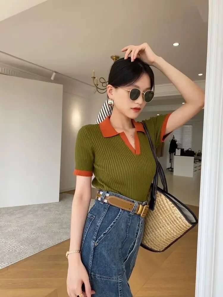 Women's Short Sleeve T-Shirt, Slimming Vintage Polo Collar, Elegant Blouse, Soft Breathable Top, Summer Fashion, 2024