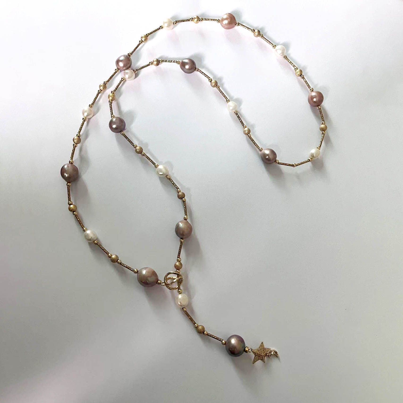 Elegant Silver & Blue Baroque Design Necklace Featuring Real Freshwater Pearls