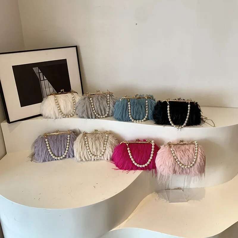 Faux Fur Evening For Women 2024 New Winter Fluffy Plush Shoulder Crossbody Lady Designer Shell Handbag Clutch Bag