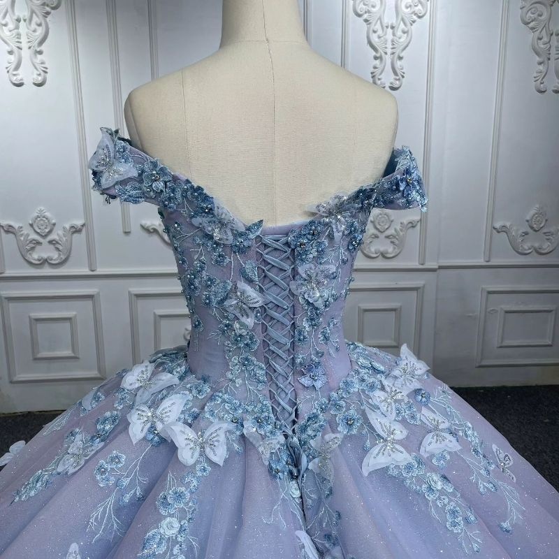 Glitter Lilac Quinceanera Dresses Appliques 3D Bow Beads Tull Sky Blue Lining Princess Off The Shoulder Sweet 16 Dress Vestidos 15 De Anos