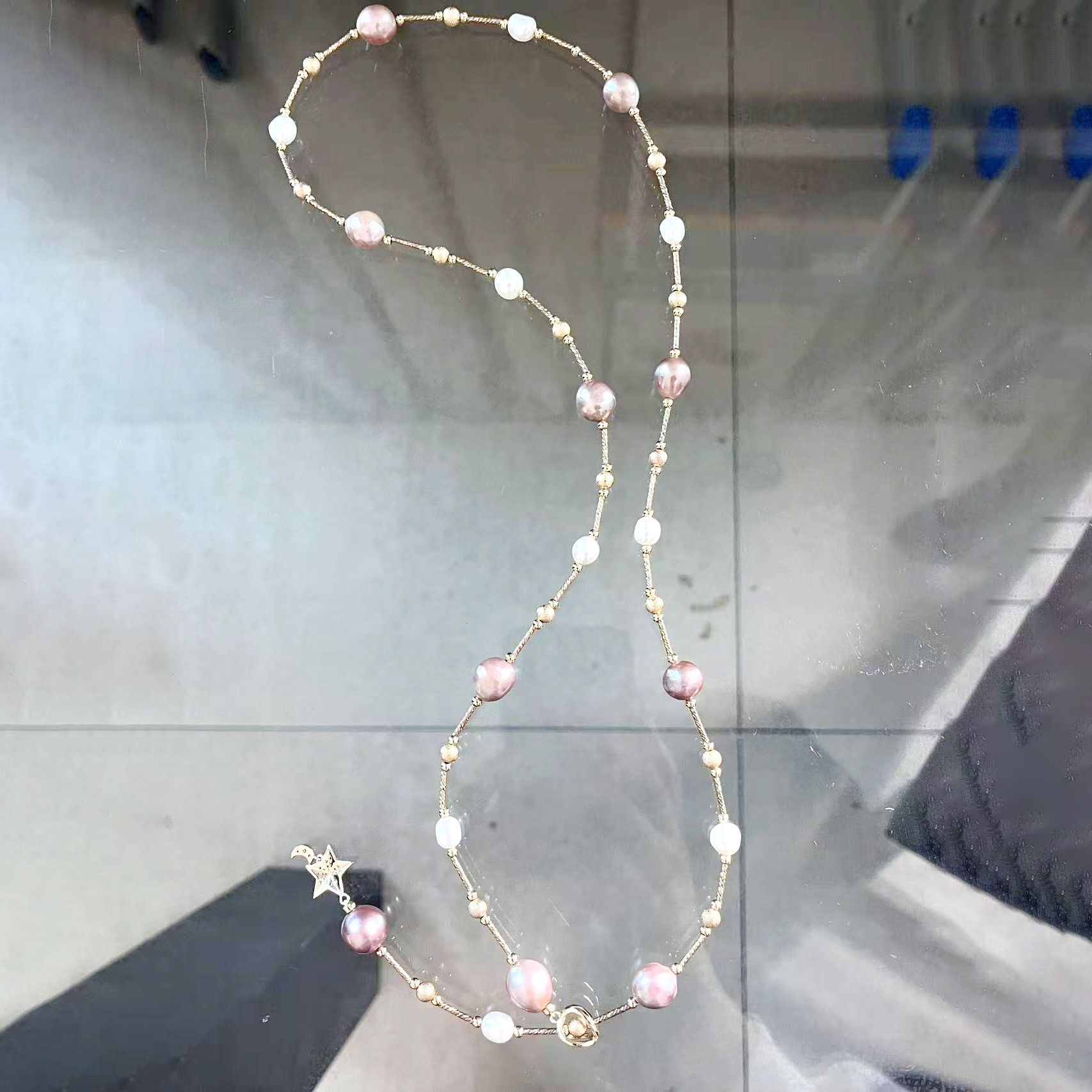 Elegant Silver & Blue Baroque Design Necklace Featuring Real Freshwater Pearls