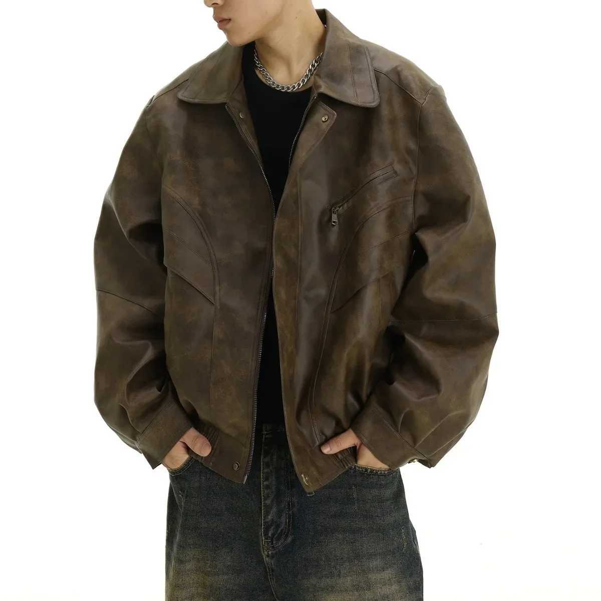 Vintage Distressed Leather Jacket Mens Loose Fit Casual Motorcycle Flying Jacket Autumn Trendy Brand Bad Boy StyleT250311