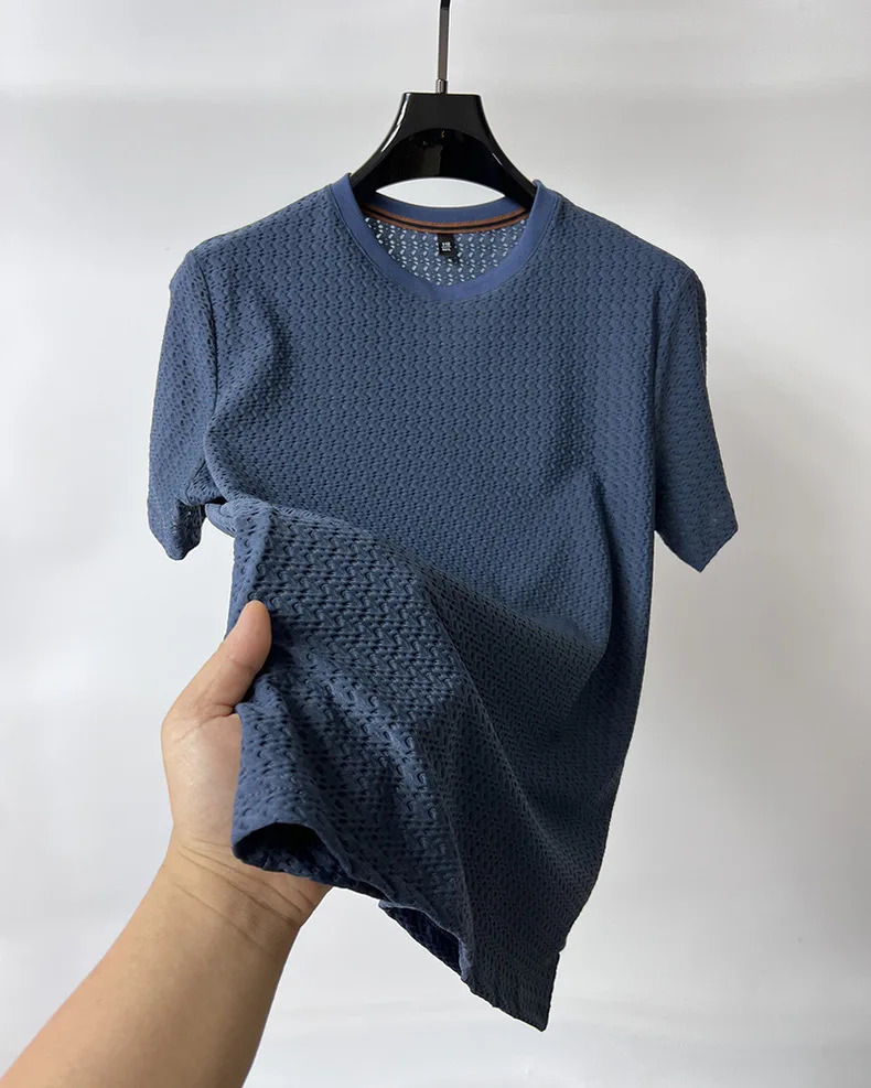 y summer hollow ice silk short sleeve Tshirt mens solid color round neck top silky breathable fashion wear 250312