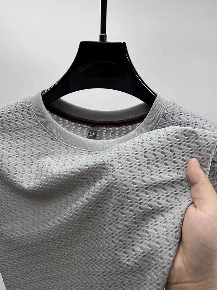 y summer hollow ice silk short sleeve Tshirt mens solid color round neck top silky breathable fashion wear 250312