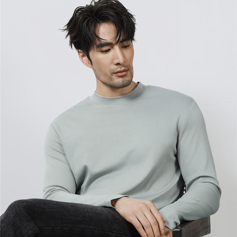 Long sleeved T-shirt mid high neck base shirt men's autumn winter inner wear warm and close fitting solid color top casual new style tracksuit