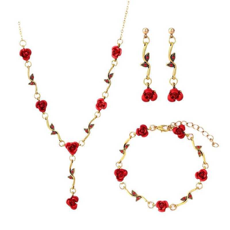 French Rose Blossoms Bracelet Set for Womens Ins Personalized Temperament Red Rose Necklace Bracelet Trendy W250312