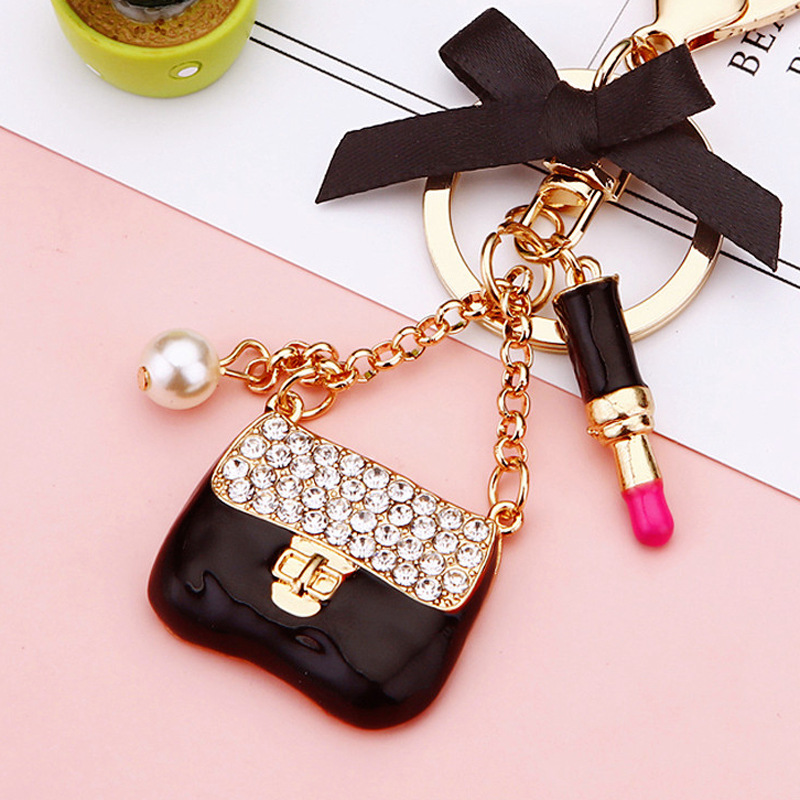 Chic Ladies' High-End Car Accessory Keychain Featuring Shimmering Diamond Accents - Designer Bag Decor Charms