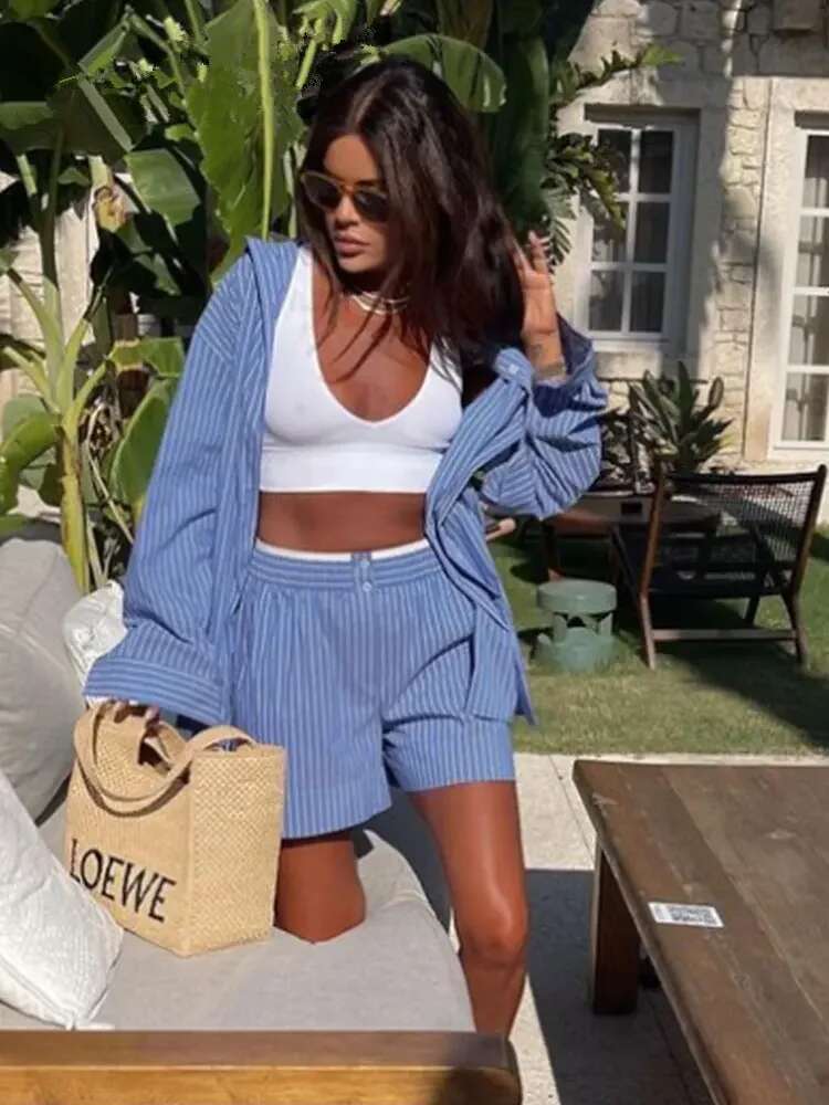 fashion Summer Women Fashion Striped Shirts Suit Casual Long Sleeve Top High Waist Shorts Sets 2 Piece Set Womens Outfits Clothes