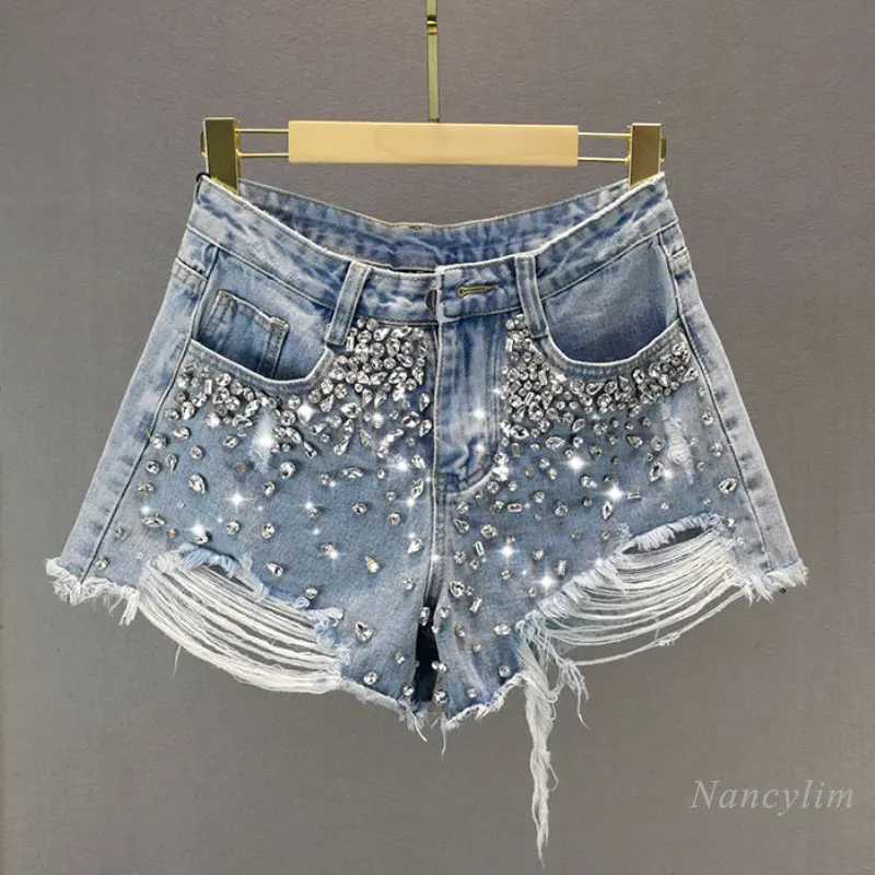 Open collar wide leg denim shorts for womens 2023 summer new high waisted Exquisite Rhinestone hot pants for womens shirts jeans shorts X250312