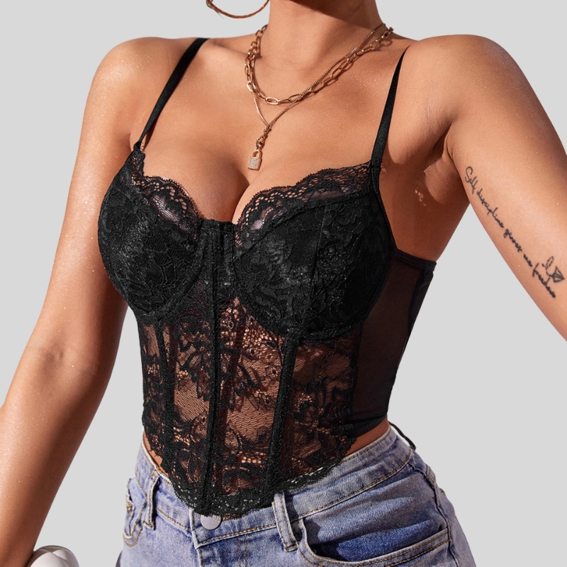 New female sexy lace steel ring rhombus fish bone exposed perspective Spice Girl decoration body small vest