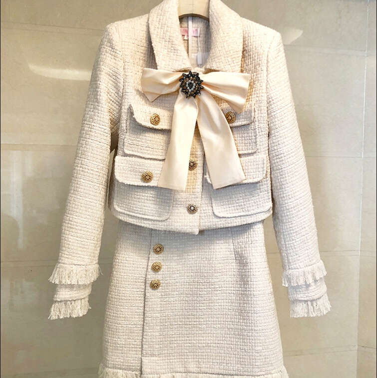 2025 Spring And Autumn Woolen Short Coat+A-Line Tassel Half Skirt Hip Wrap Two Piece Small Fragrant Style Set