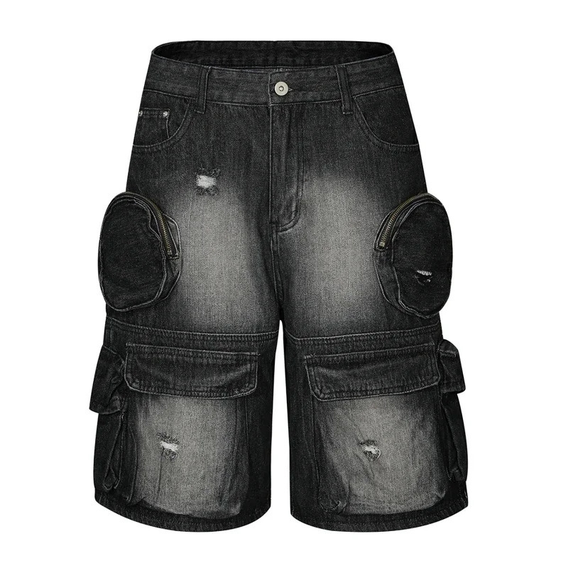 Denim Cargo Shorts Men Vintage Loose Baggy Multipockets Washed Streetwear Handsome Personality Summer American Fashion 250312
