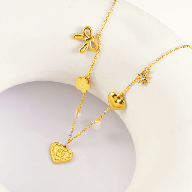 Fashionable stainless steel heart-shaped necklace with butterfly bow, peach heart collarbone chain, high-end accessory for women puka shell pearl jewe