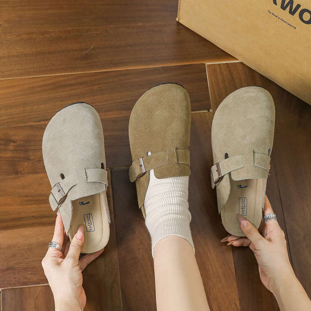 Leather soft shoes cowhide thick soled slippers spring and new style women's summer Boken half drag early autumn Baotou outerwear