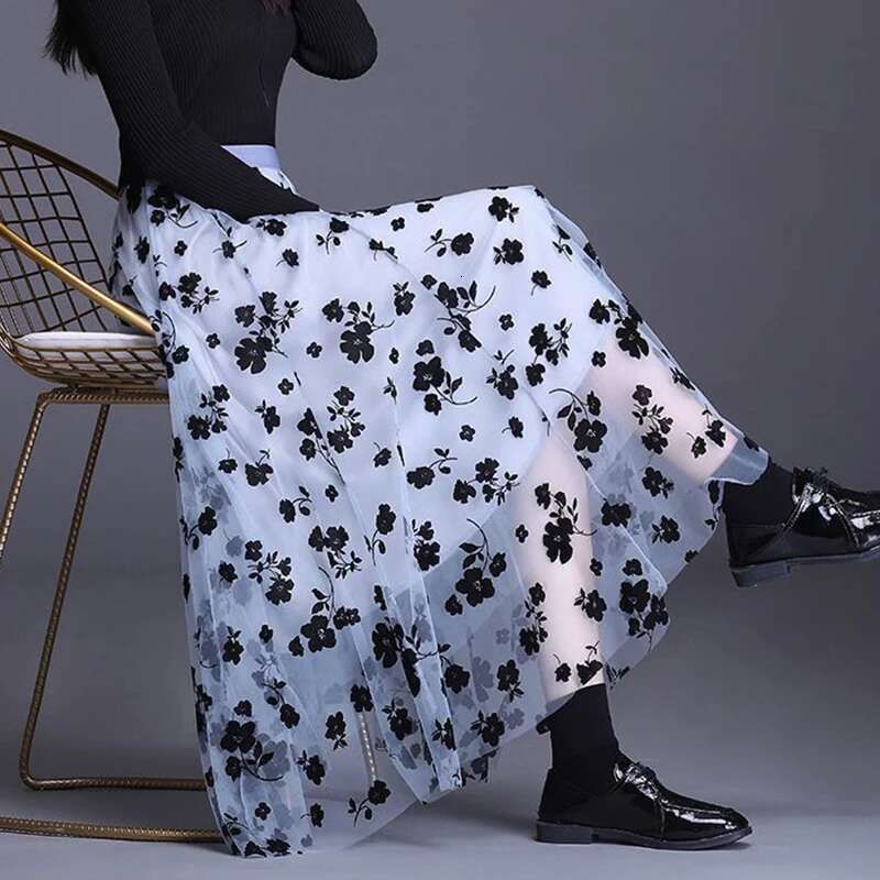 Korean Women Tulle Fashion Summer Hook Ral Loose Midi Skirt Elegant Female Casual All Match Mesh Skirts New