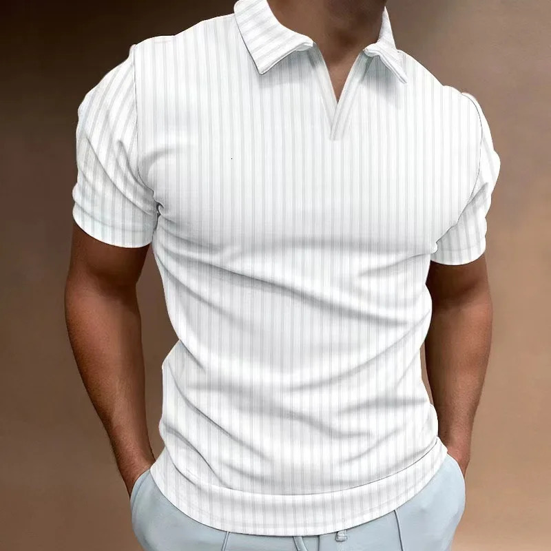 Summer Solid Color Polo Shirt Vneck Striped High Elasticity Thin Short Sleeve Mens Tshirt 250312