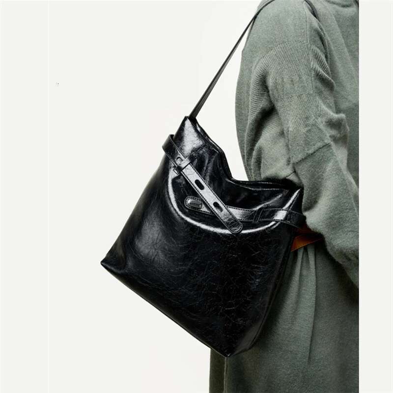 Women's Bags handbag Hifashion Retro Oil Wax Genuine Leather Large Tote Shoulder Bags For Women Designer Bucket Underarm Ladies Handbags