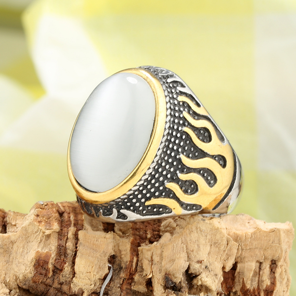 Hip Hop Vintage Big Stone Inlay Casting Ring Stainless Steel Gold Plated Mens Jewelry