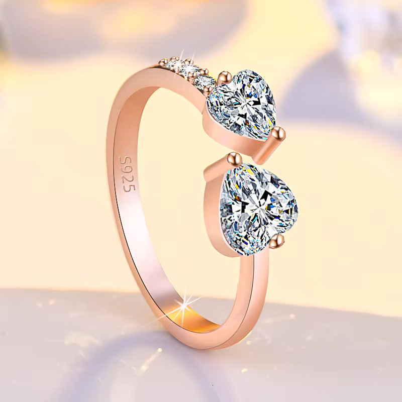 Women Mirco Pave Moissanite Diamond Ring Adjustable Silver Gold Plated Double Heart Cubic Zirconia Wedding Engagement Ring