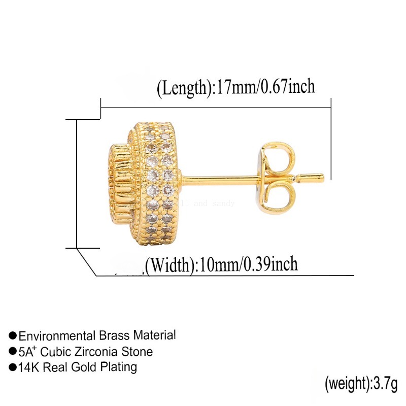 Iced Out Cubic Zirconia Stud Earrings Round 14k Gold Silver Hip Hop Earring Hoop Hypoallergenic Jewelry for Woman Man CZ Crystal hiphop Fine Jewelry