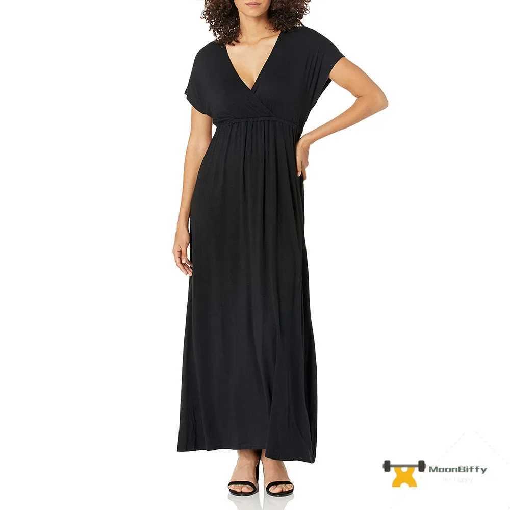 Explosive 2024 Spring Womens Draw-waist Ultra-long Casual Commuter V-neck Short-sleeved DressT250311