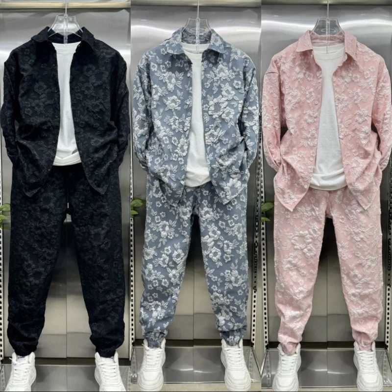 New 3D embossed jacquard shirt jacket two-piece pants set fashion brand high-end casual sportswear X250312
