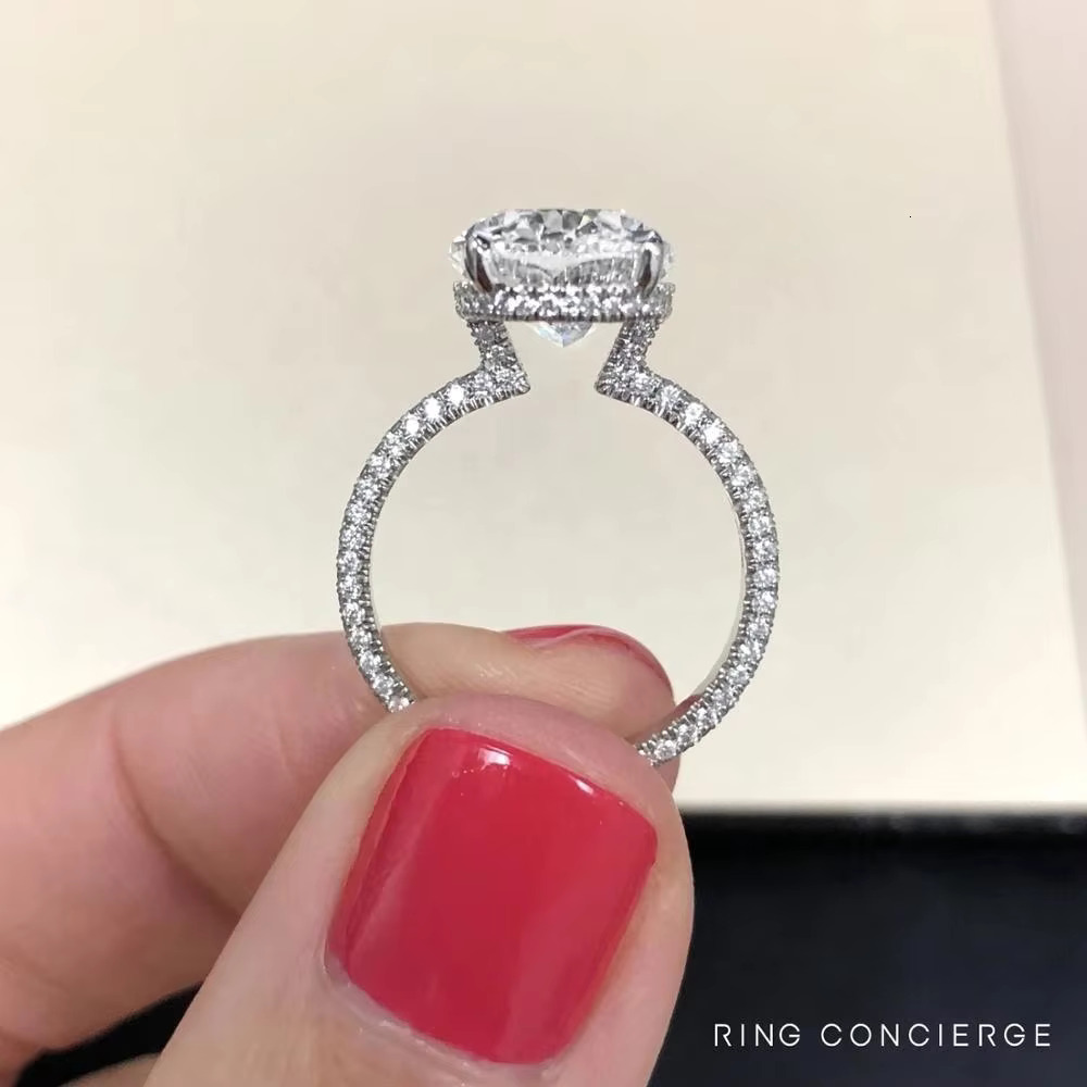 Luxury Jewelry 925 Silver Pave CZ Band Floating Oval Wedding Engagement Bridal Ring