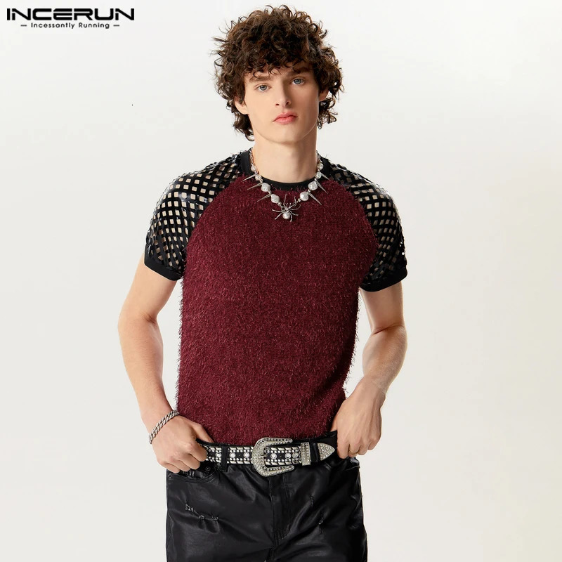 mens Tshirt hollow plush decal work Oneck short sleeved tee top summer fashion casual vest INCERUN 250312