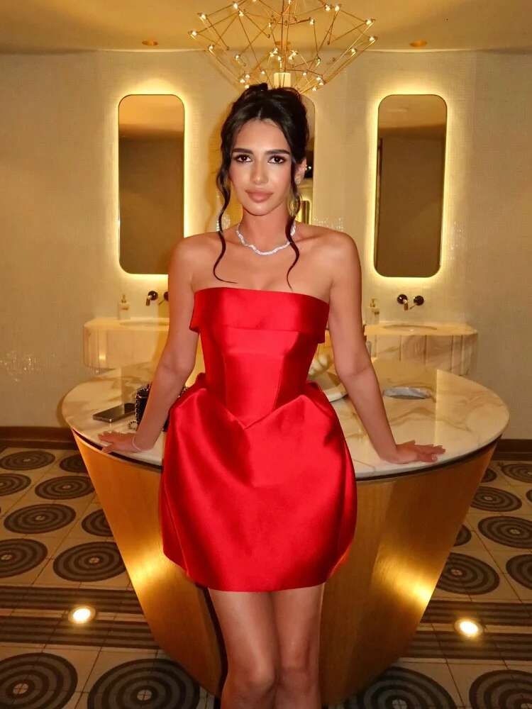 Sexy Red Strapless Puff Hem High Waist Party Mini Dress Women Autumn Winter Sleeveless Backless Slim Dresses 2025 Chic Lady Gown
