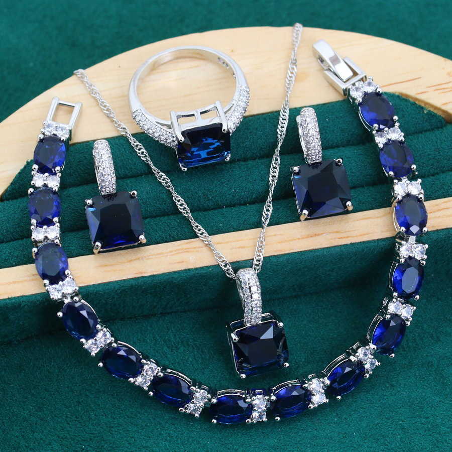 Fashionable and luxurious blue square zircon inlaid jewelry earrings rings bracelets necklaces Mothers Day gifts W250312