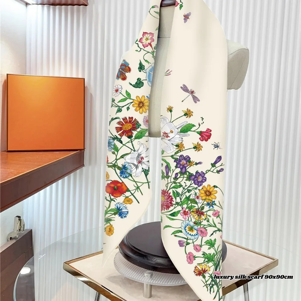 Year Gift French Plant Flower Tulip High Quality Twill Silk Women Shawl Sun Protection Large Square Scarf Decorative Scarf 250310