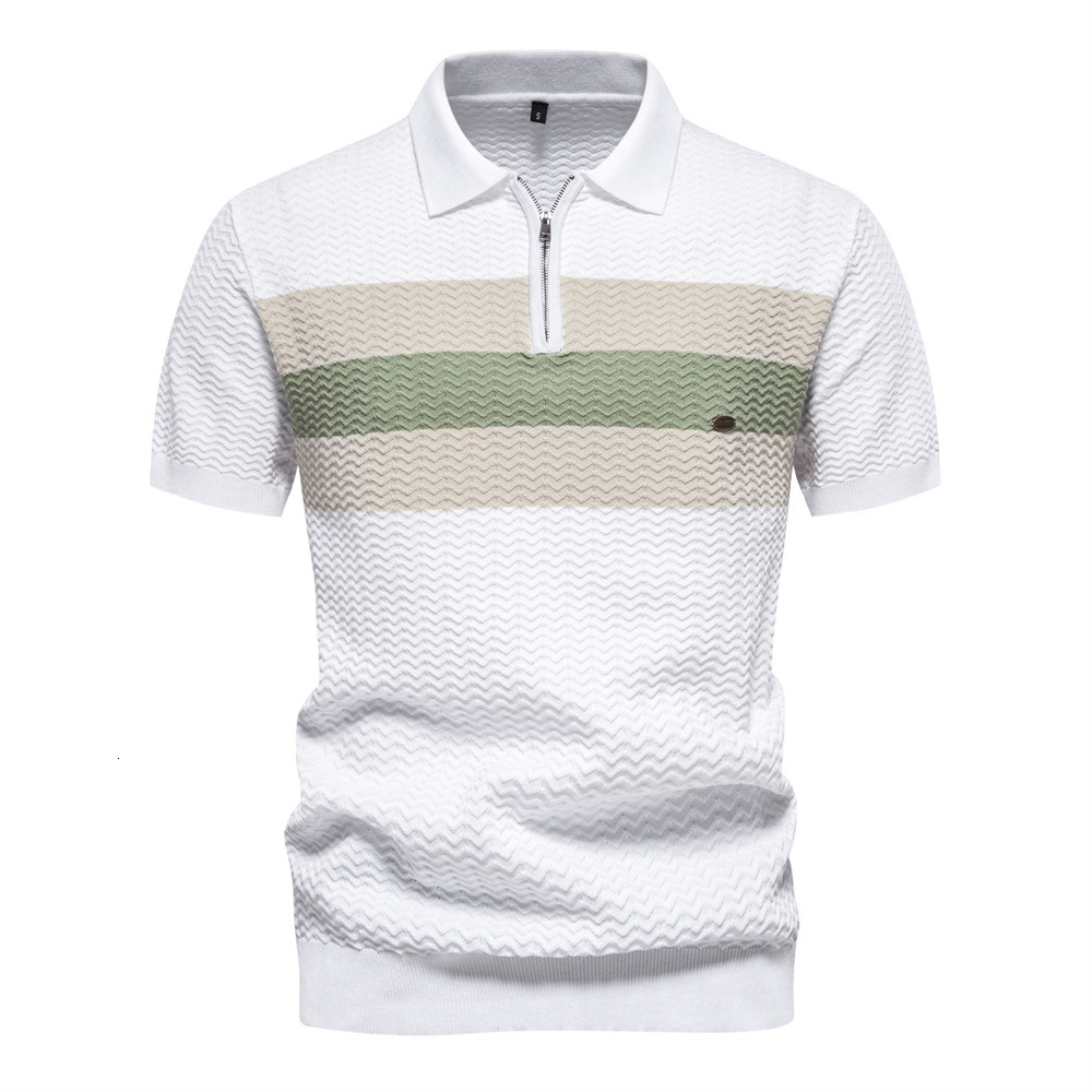 tracksuit 2025 summer new high-end striped business thin and versatile men's lapel half zipper short sleeved t shirt