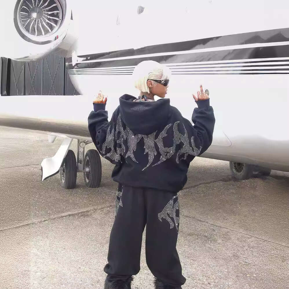 American High Y2K Hot Diamond Zipper Neutral Hip Hop Loose Harajuku Street Hoodie