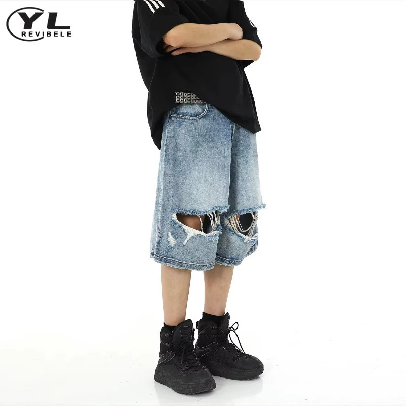 American hole jeans shorts mens summer fashion hiphop Harajuku washed denim street wide leg casual five point pants 250312