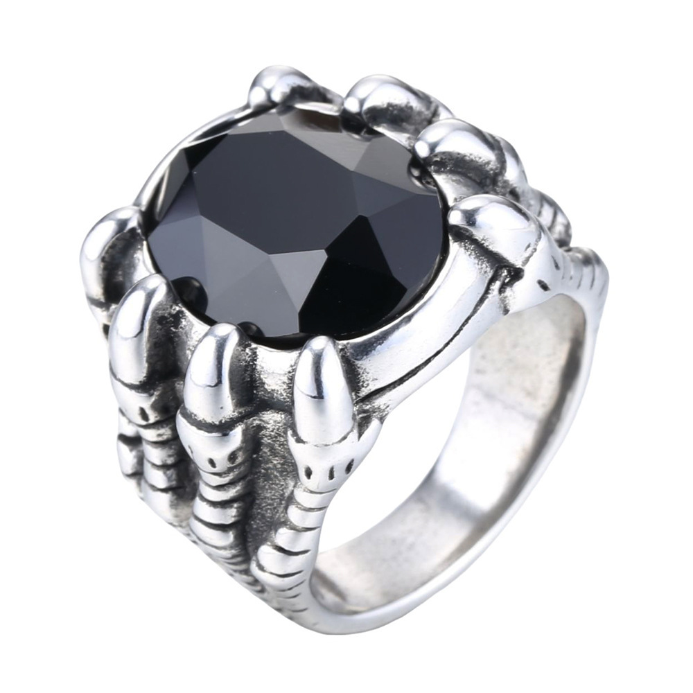 Retro Ice Colorful crystal Casting High Polished Dragon Claw Ring Stainless Steel Jewelry