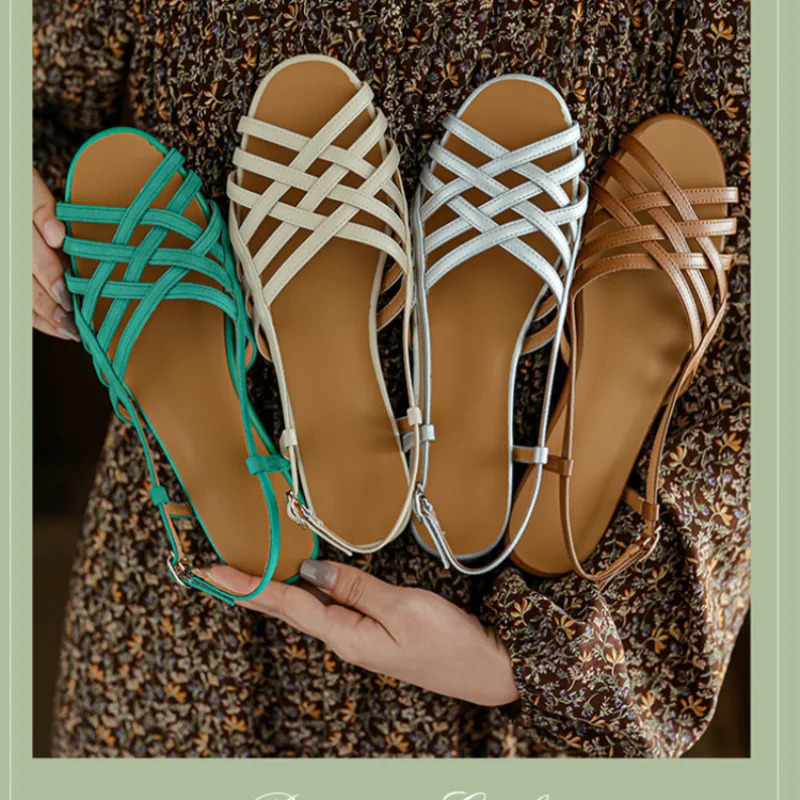 Womens Shoes Summer Leather Roman Woven Sandals Womens Flat Bottom Soft Bottom Casual Retro Low Heel Hollow Fish Mouth Shoes 250305