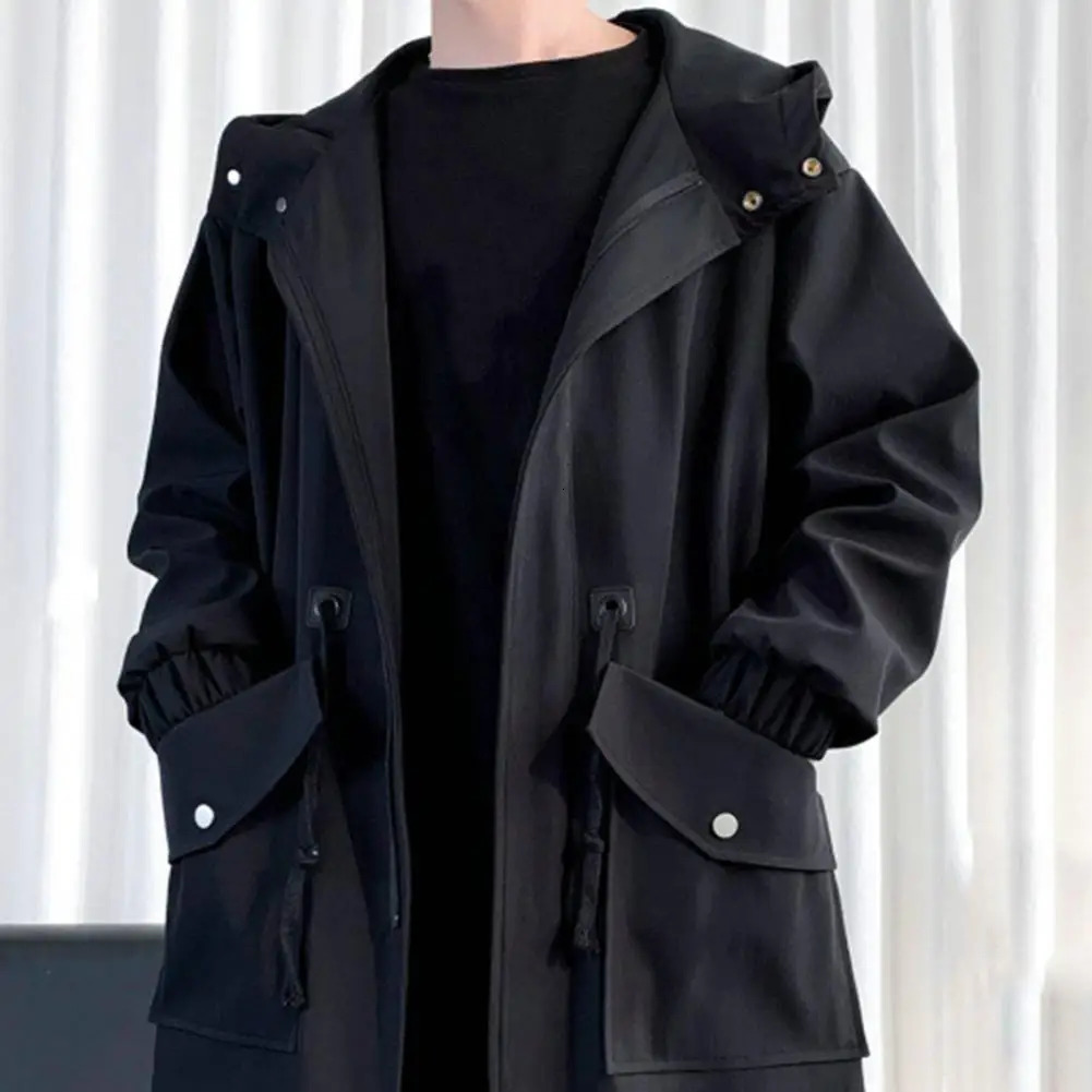 Long trench coat jacket mens autumn spring black hiphop Japanese street hooded khaki casual 250312