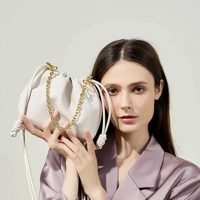 New Arrival Korean Version New Leather Cloud Bag Small Luxury Design Chain Handbag Cowhide Lucky Bag Fashionable Pleated Bucket Bag T250312